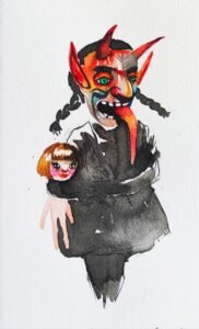 Niña mascara demonia, serie mascaras, acuarela, Josefina Madariaga