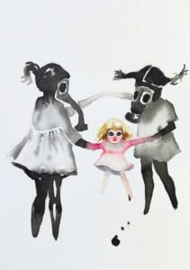 Niñas con mascara y muñeca, serie mascaras, acuarela, Josefina Madariaga