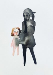 Niñas con mascara y muñeca, serie mascaras, acuarela, Josefina Madariaga