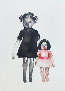 Niñas con mascaras, serie mascaras, acuarela, Josefina Madariaga