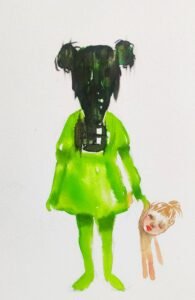 Niña con mascara y muñeca verde, serie mascaras, acuarela, Josefina Madariaga