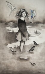 La niña de los pajaros, carbonilla sobre tela, Josefina Madariaga La Niña de los Pájaros, Josefina Madariaga